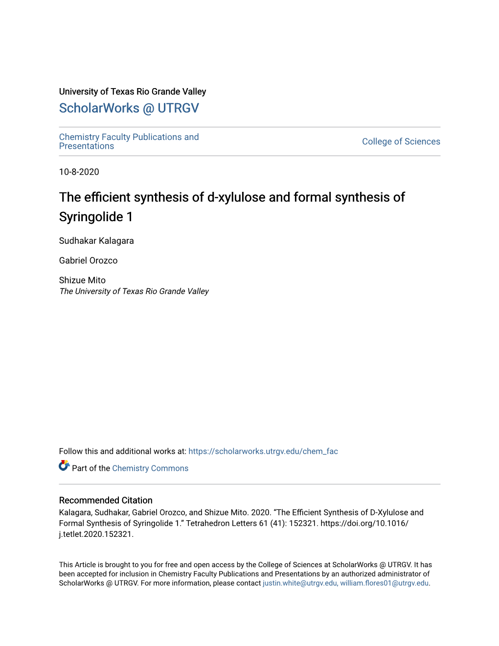 The Efficient Synthesis of D-Xylulose and Formal Synthesis of Syringolide 1