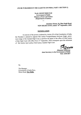 Orders of Appointment of Shri Justice N K Singh, Sr. Most Judge of The