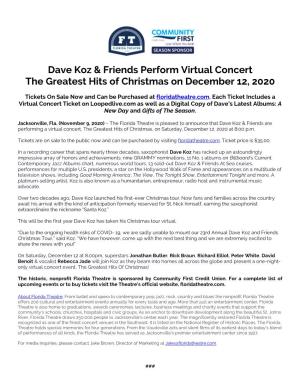 121220 Dave Koz and Friends Virtual Concert Press Release