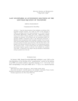 Last Multipliers As Autonomous Solutions of the Liouville Equation of Transport