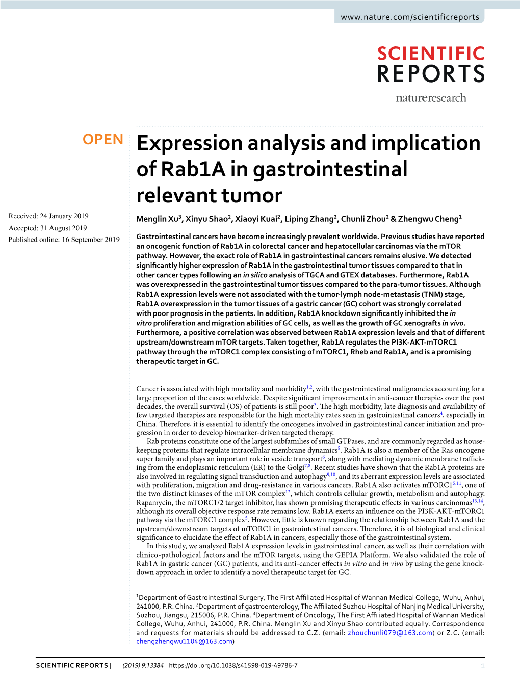 Expression Analysis and Implication of Rab1a in Gastrointestinal Relevant