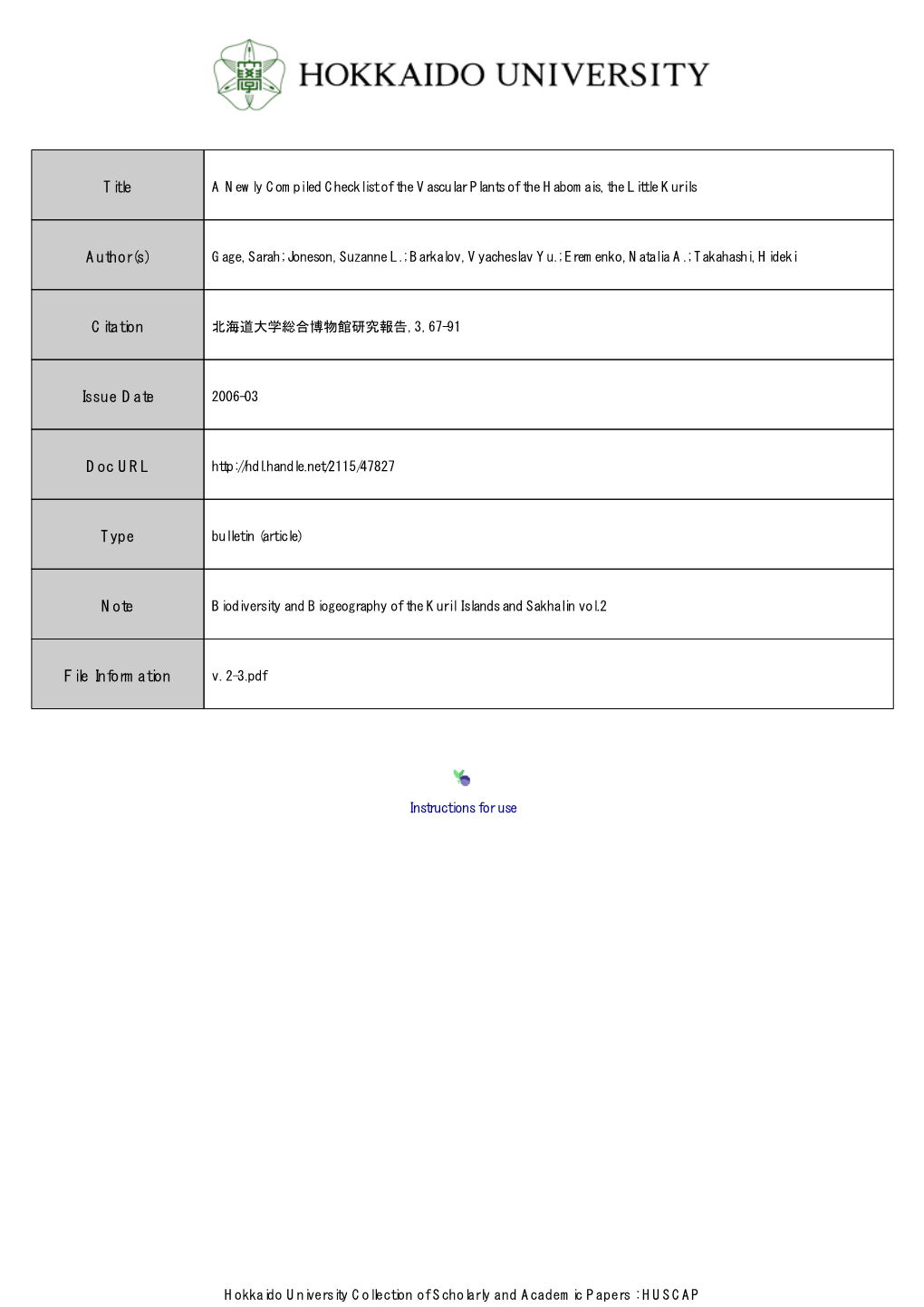 A Newly Compiled Checklist of the Vascular Plants of the Habomais, the Little Kurils