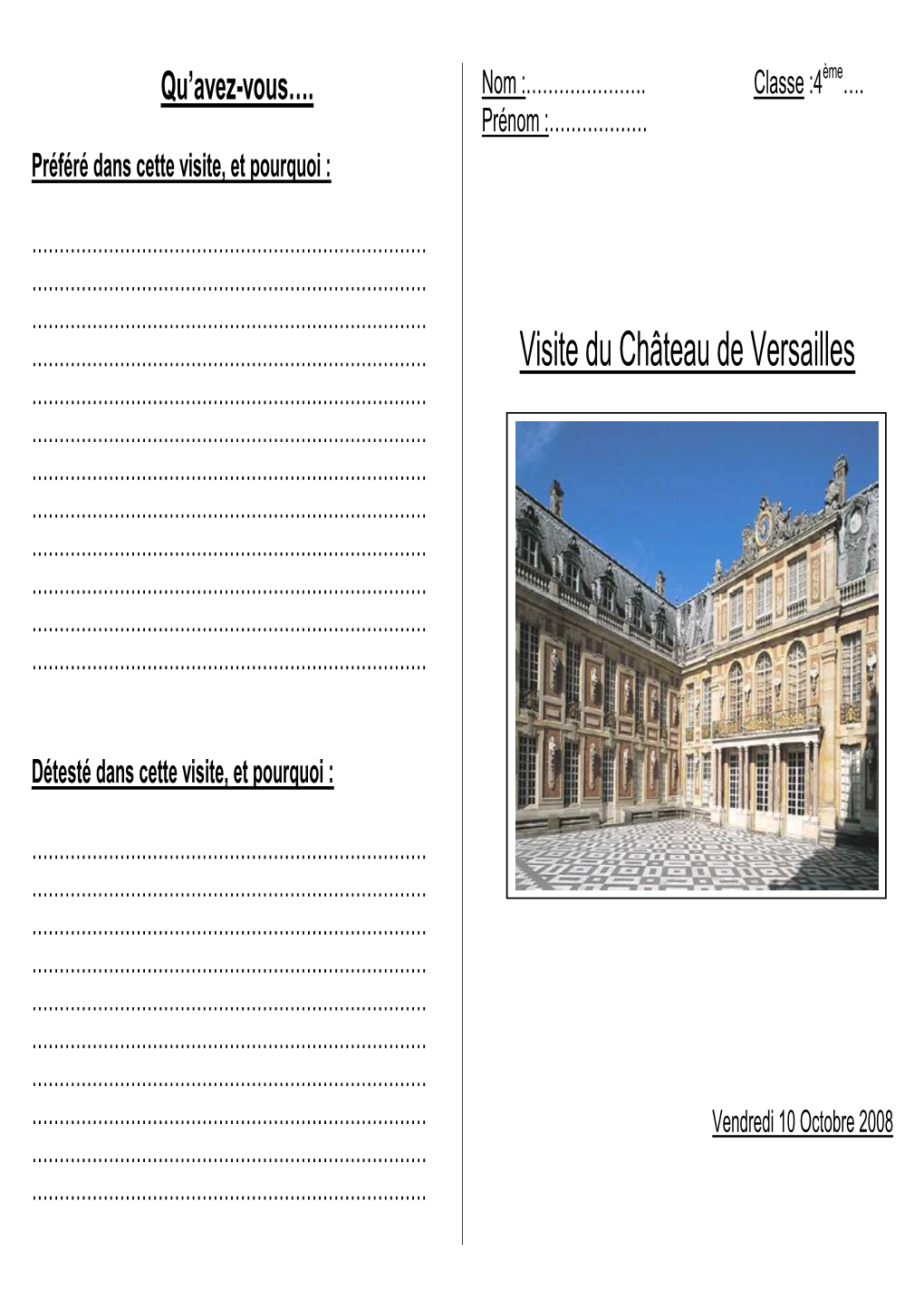 Livret Élèves Visite À Versailles