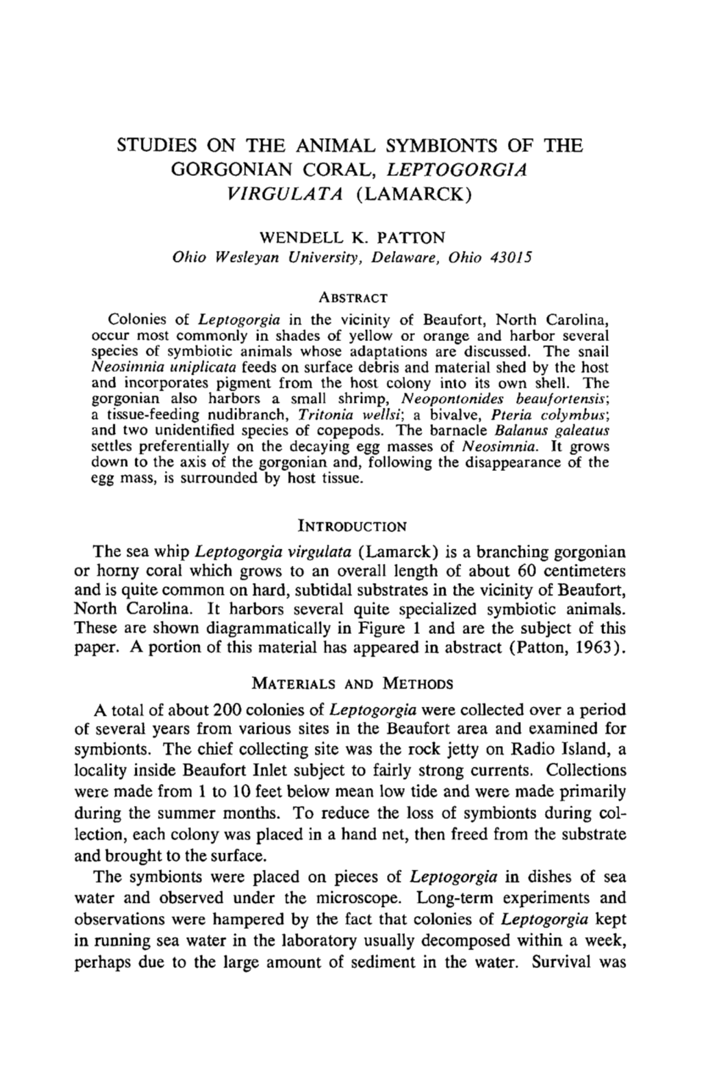 Studies on the Animal Symbionts of the Gorgonian Coral, Leptogorgia Virgulata (Lamarck)