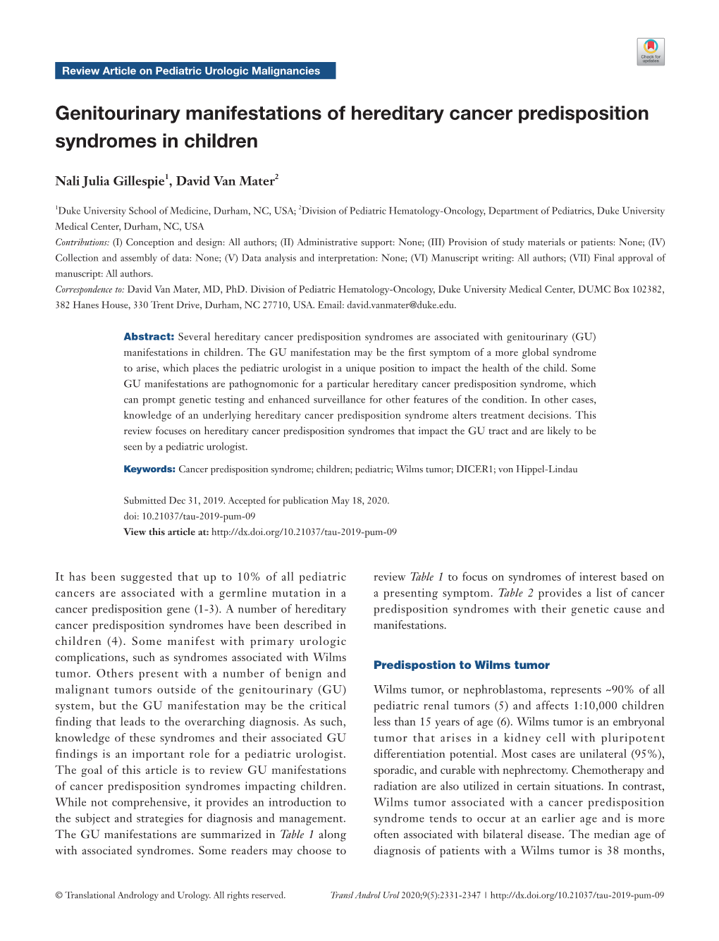 Genitourinary Manifestations of Hereditary Cancer Predisposition Syndromes in Children