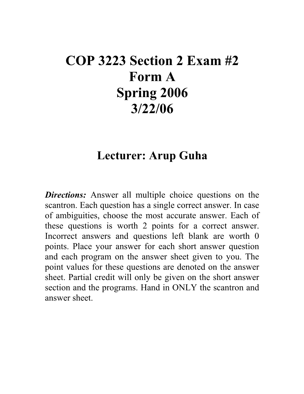 COP 3223 Section 2 Exam #2