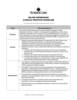 Major Depression Clinical Practice Guideline