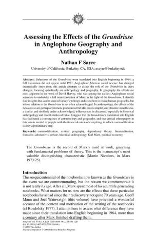 Assessing the Effects of the Grundrisse in Anglophone Geography and Anthropology Nathan F Sayre University of California, Berkeley, CA, USA; Nsayre@Berkeley.Edu