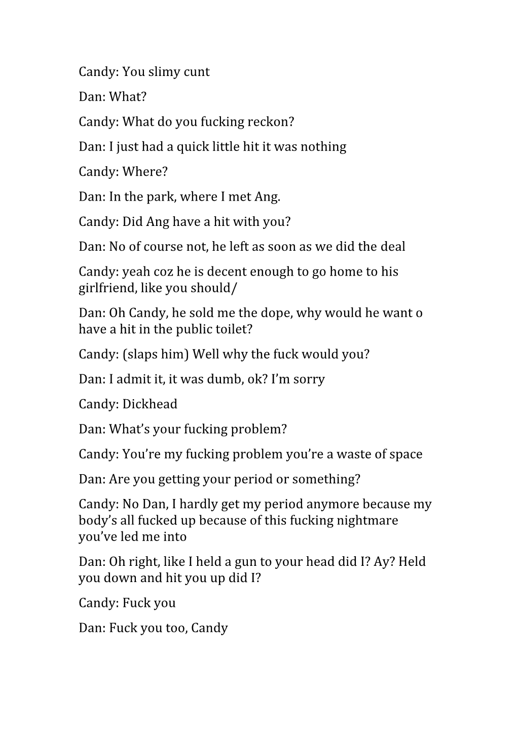 Candy: You Slimy Cunt Dan: What? Candy: What Do You Fucking Reckon? Dan: I Just Had a Quick Little Hit It Was Nothing Candy: Where? Dan: in the Park, Where I Met Ang