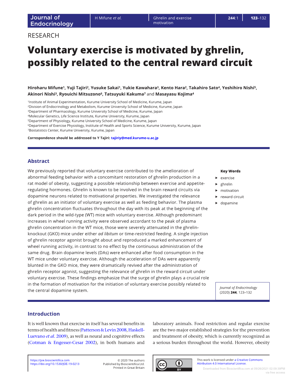 Voluntary Exercise Is Motivated by Ghrelin, Possibly Related to the Central Reward Circuit