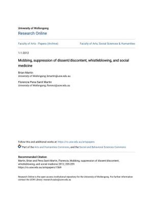 Mobbing, Suppression of Dissent/Discontent, Whistleblowing, and Social Medicine