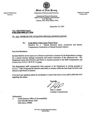 NJ Passaic River Directive (No.1) -- 19 September 2003