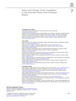 Status and Change of the Cryosphere in the Extended Hindu Kush Himalaya 7 Region