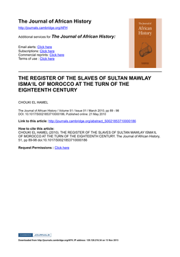 The Journal of African History the REGISTER of the SLAVES OF