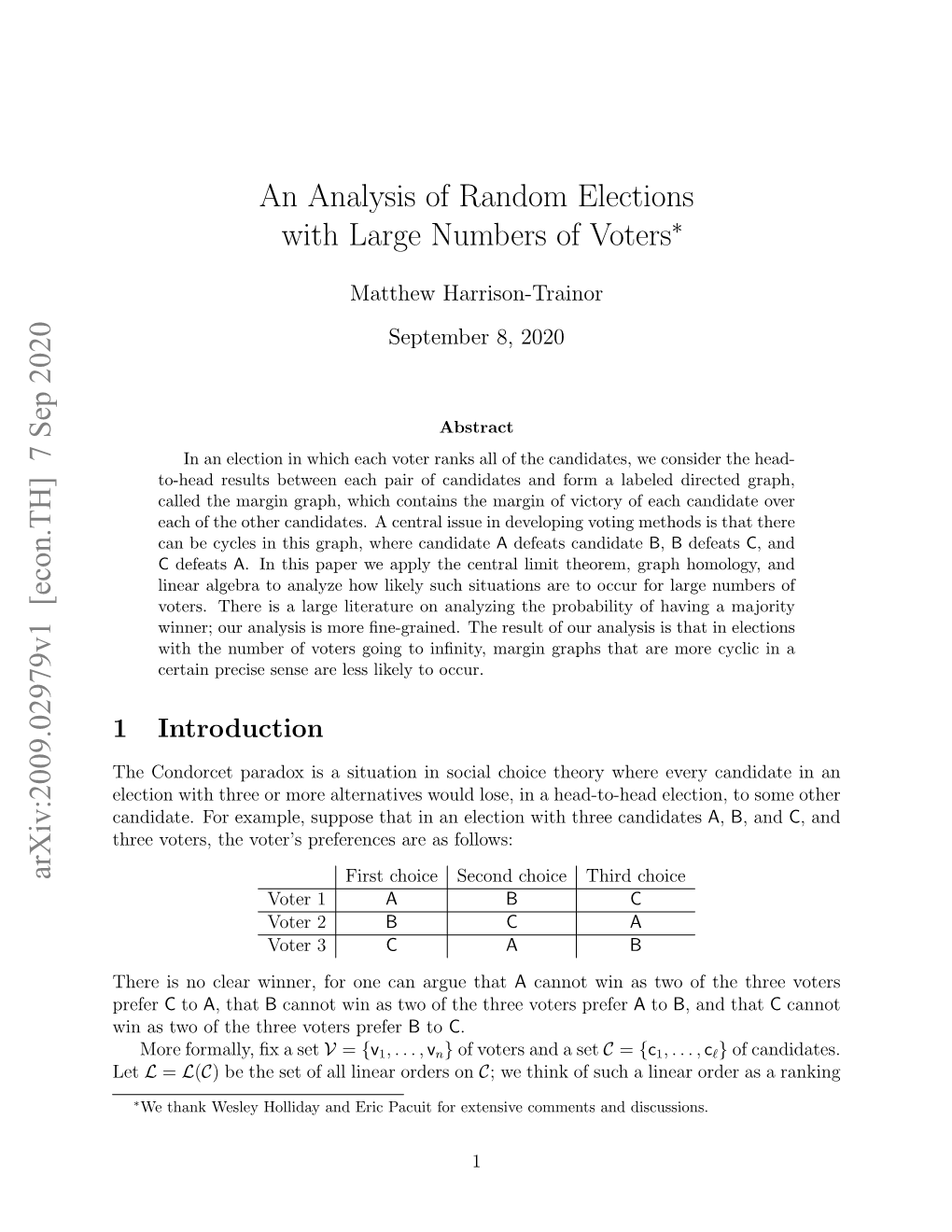 An Analysis of Random Elections with Large Numbers of Voters Arxiv