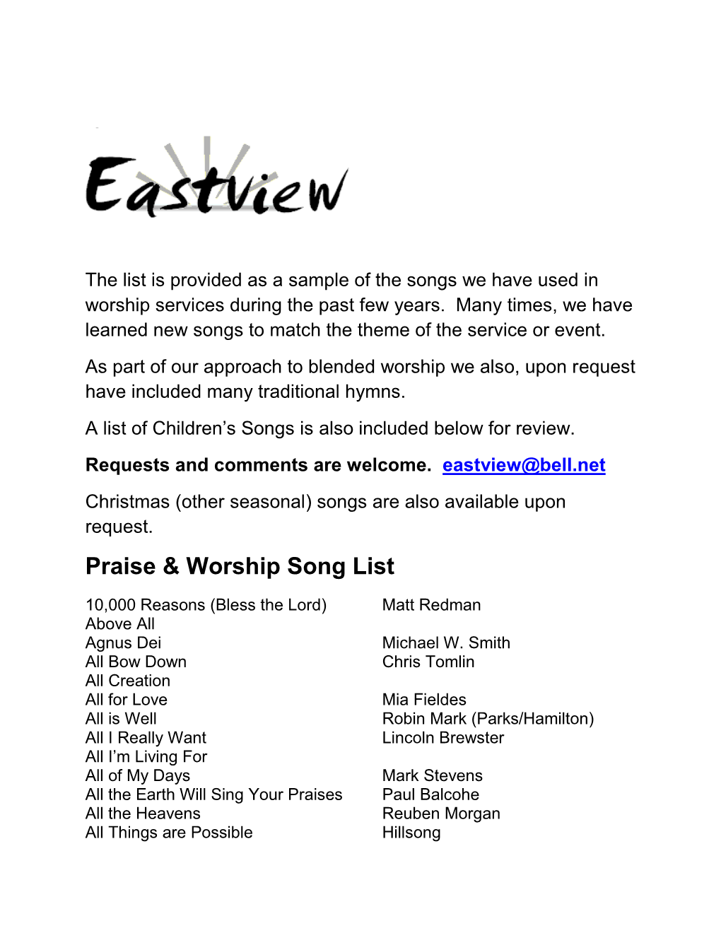 Praise & Worship Song List