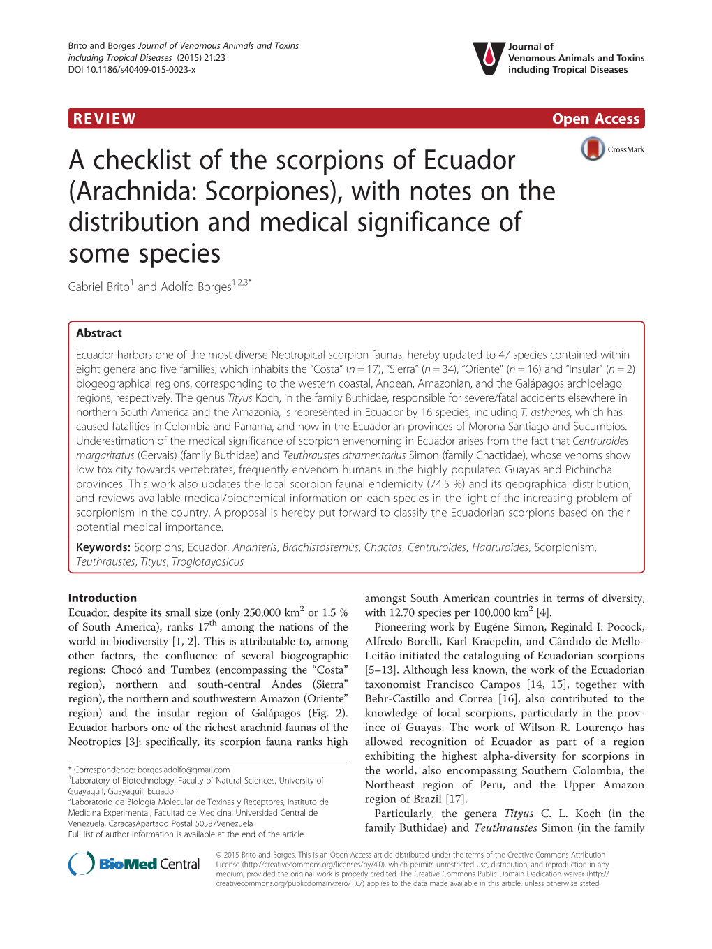 A Checklist of the Scorpions of Ecuador