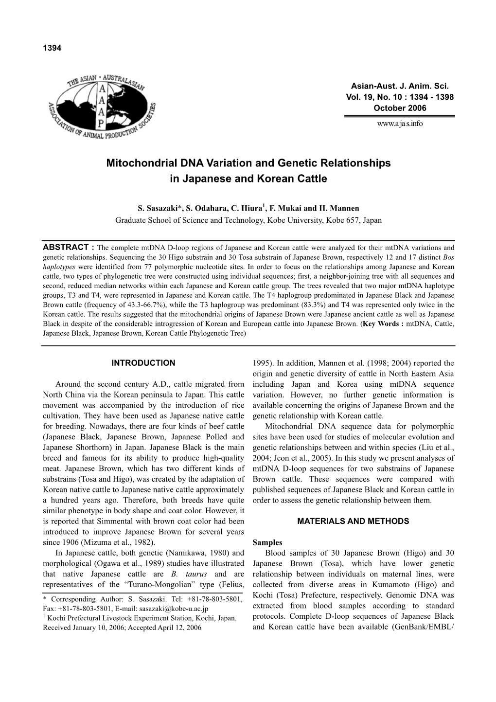 Mitochondrial DNA Variation and Genetic Relationships in Japanese and Korean Cattle