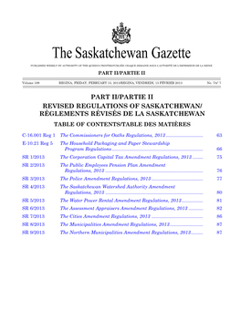 THE SASKATCHEWAN GAZETTE, FEBRUARY 15, 2013 61 the Saskatchewan Gazette