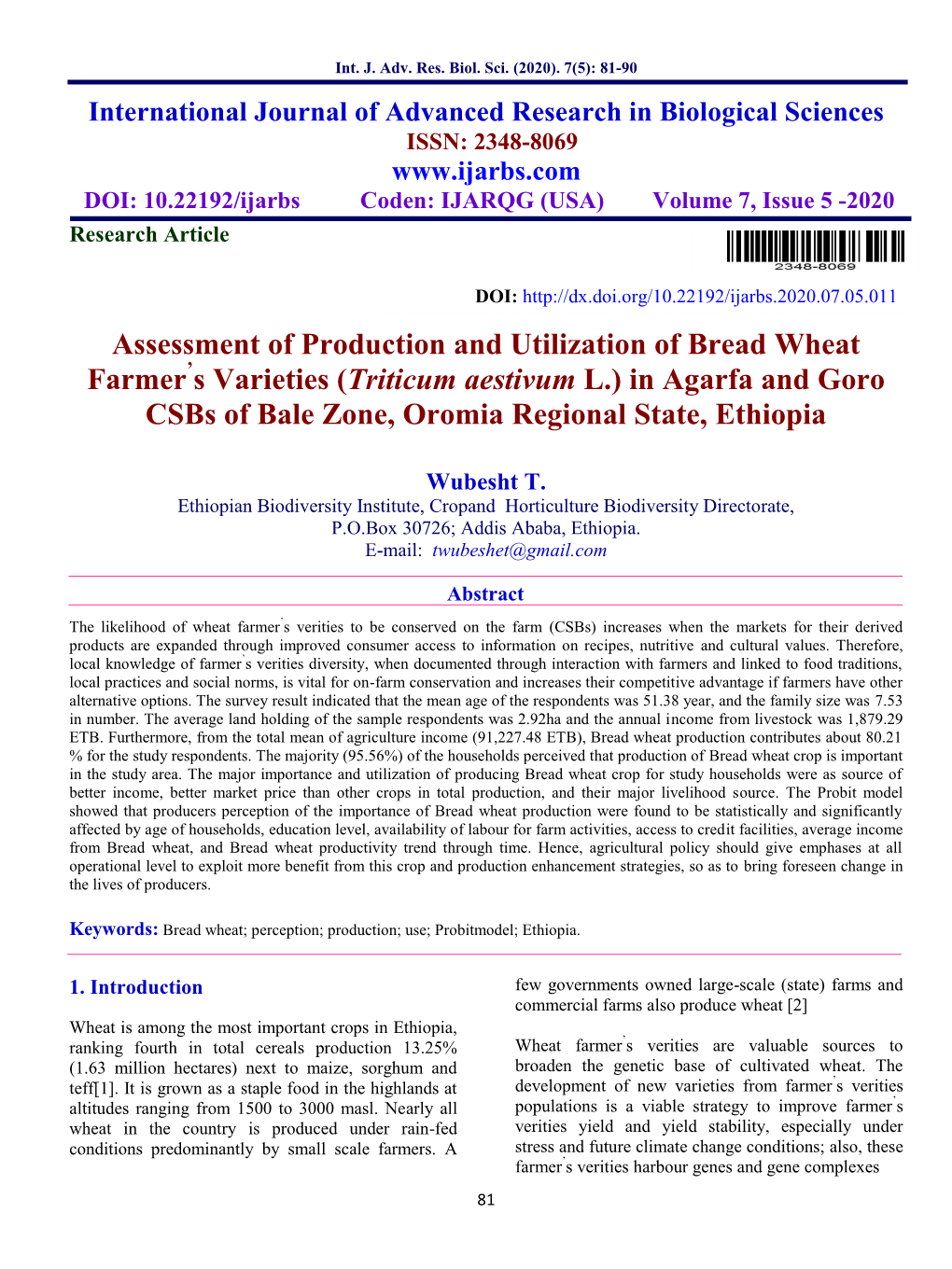 Assessment of Production and Utilization of Bread Wheat Farmer S Varieties (Triticum Aestivum L.) in Agarfa and Goro Csbs Of
