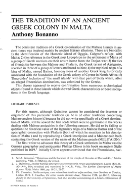 THE TRADITION of an ANCIENT GREEK COLONY in MALTA Anthony Bonanno