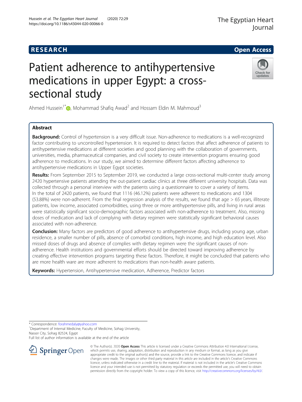 Patient Adherence to Antihypertensive Medications in Upper Egypt: a Cross- Sectional Study Ahmed Hussein1* , Mohammad Shafiq Awad2 and Hossam Eldin M