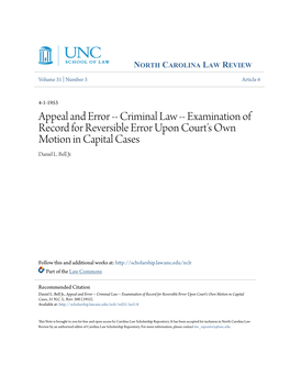Criminal Law -- Examination of Record for Reversible Error Upon Court's Own Motion in Capital Cases Daniel L