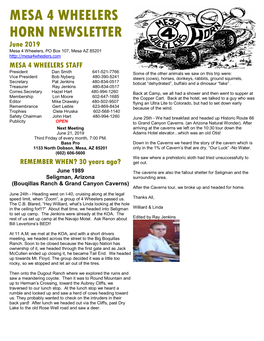 MESA 4 WHEELERS HORN NEWSLETTER June 201 9 Mesa 4 Wheelers, PO Box 107, Mesa AZ 85201