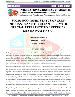 Socio-Economic Status of Gulf Migrants and Their Families with Special Reference to Areekode Grama Panchayat