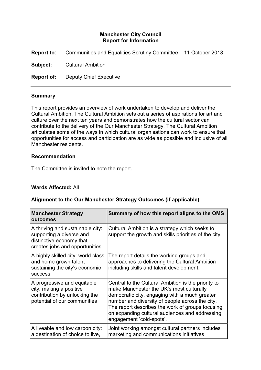 Communities and Equalities Scrutiny Committee – 11 October 2018