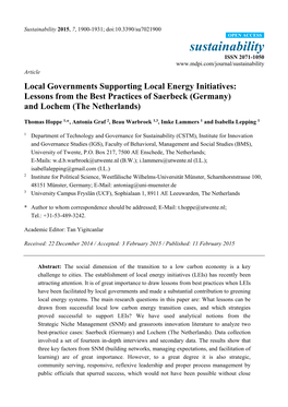 Local Governments Supporting Local Energy Initiatives: Lessons from the Best Practices of Saerbeck (Germany) and Lochem (The Netherlands)