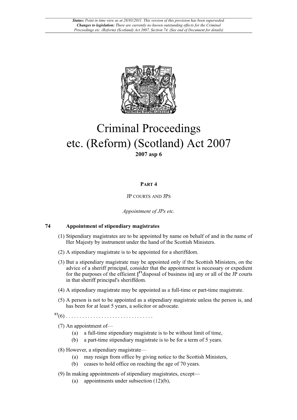 Criminal Proceedings Etc. (Reform) (Scotland) Act 2007, Section 74