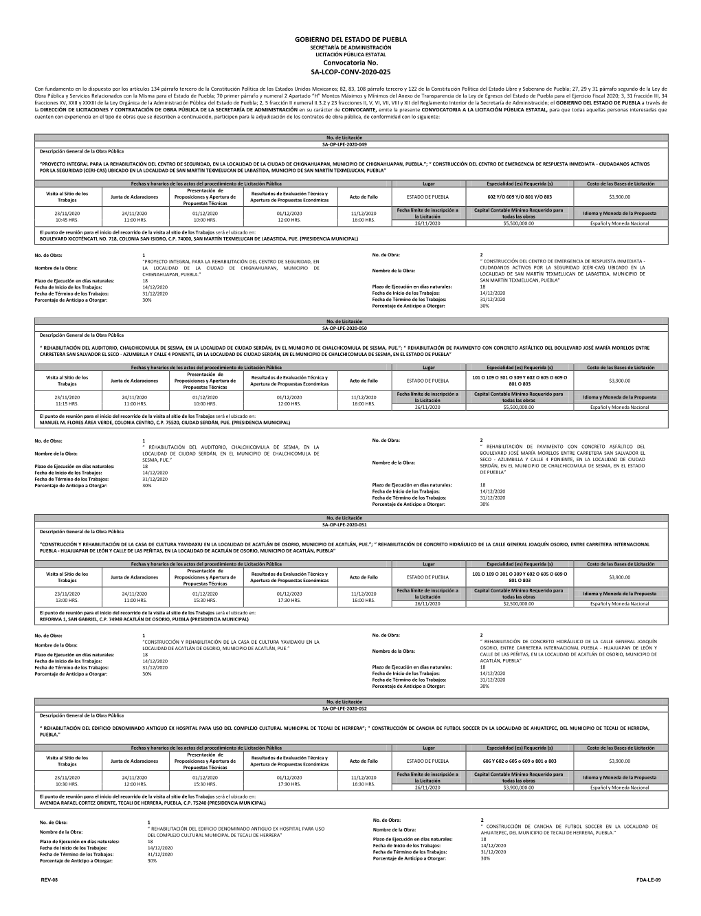 GOBIERNO DEL ESTADO DE PUEBLA Convocatoria No. SA