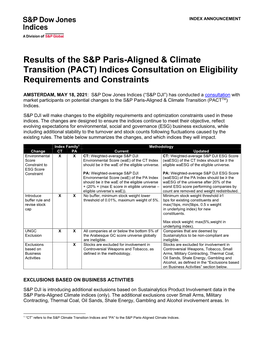 Results of the S&P Paris-Aligned & Climate Transition (PACT) Indices