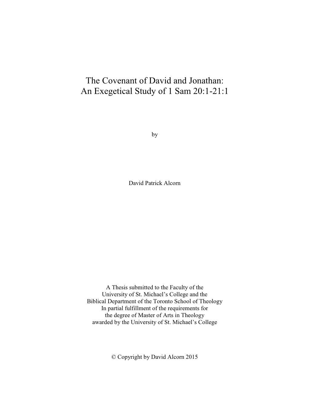 The Covenant of David and Jonathan: an Exegetical Study of 1 Sam 20:1-21:1