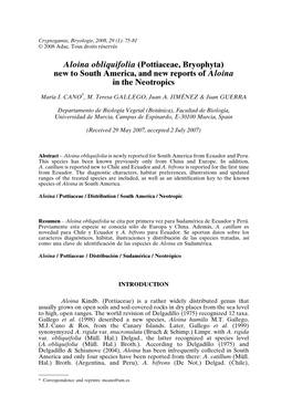 Aloina Obliquifolia (Pottiaceae, Bryophyta) New to South America, and New Reports of Aloina in the Neotropics