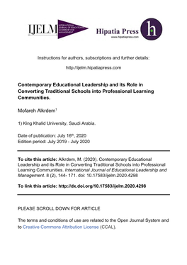 Contemporary Educational Leadership and Its Role in Converting Traditional Schools Into Professional Learning Communities