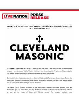 Live Nation Adds Cleveland's Masonic Auditorium To