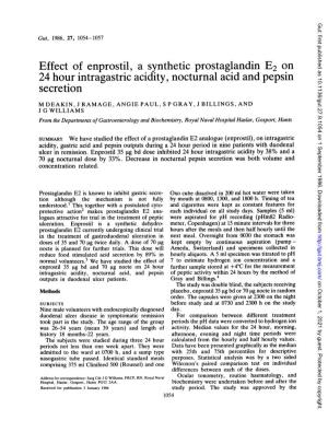 Effect of Enprostil, a Synthetic Prostaglandin E2 on 24 Hour Intragastric Acidity, Nocturnal Acid and Pepsin Secretion