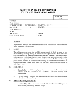 Port Huron Police Department Policy and Procedural Order