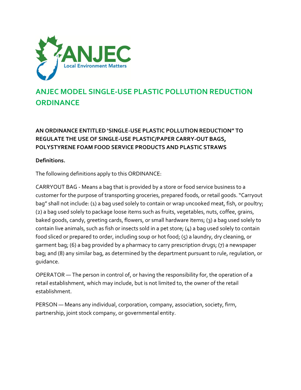 Anjec Model Single-Use Plastic Pollution Reduction Ordinance