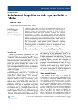 Socio-Economic Inequalities and Their Impact on Health in Pakistan