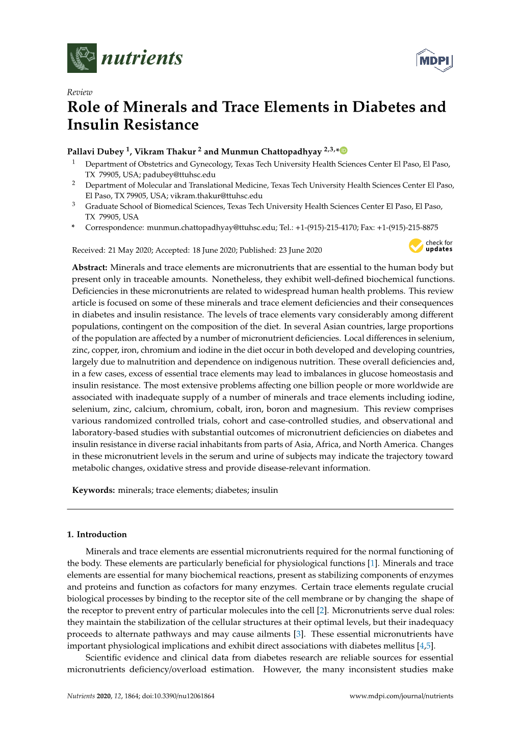 Role of Minerals and Trace Elements in Diabetes and Insulin Resistance