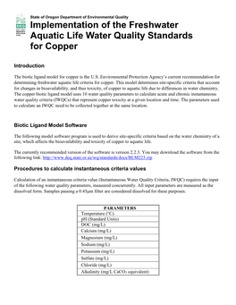 Implementation of the Freshwater Aquatic Life Water Quality Standards for Copper