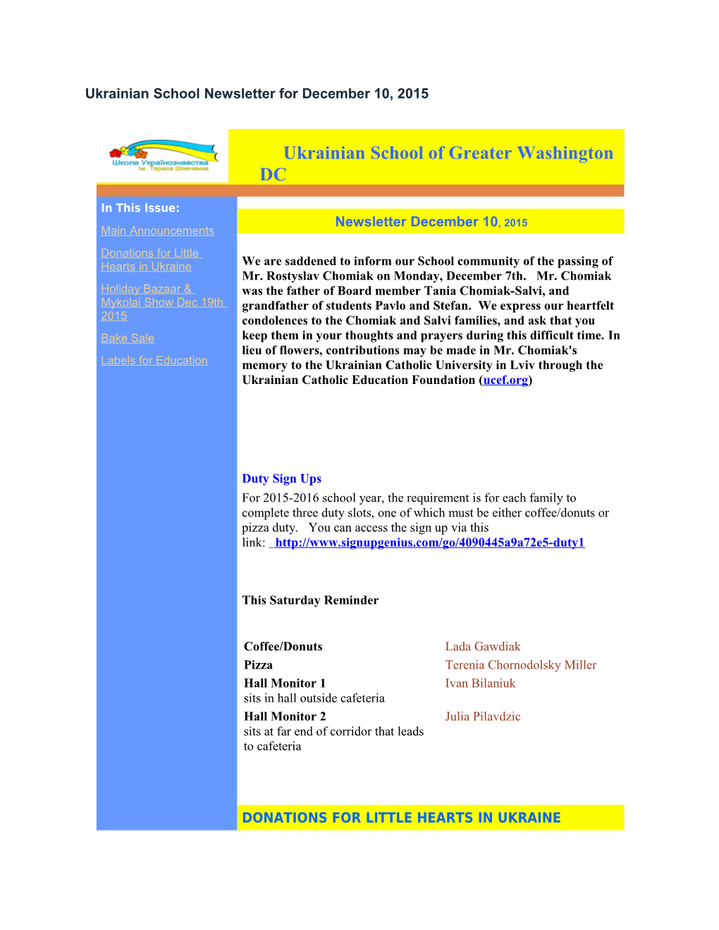 Ukrainian School Newsletter for December 10, 2015