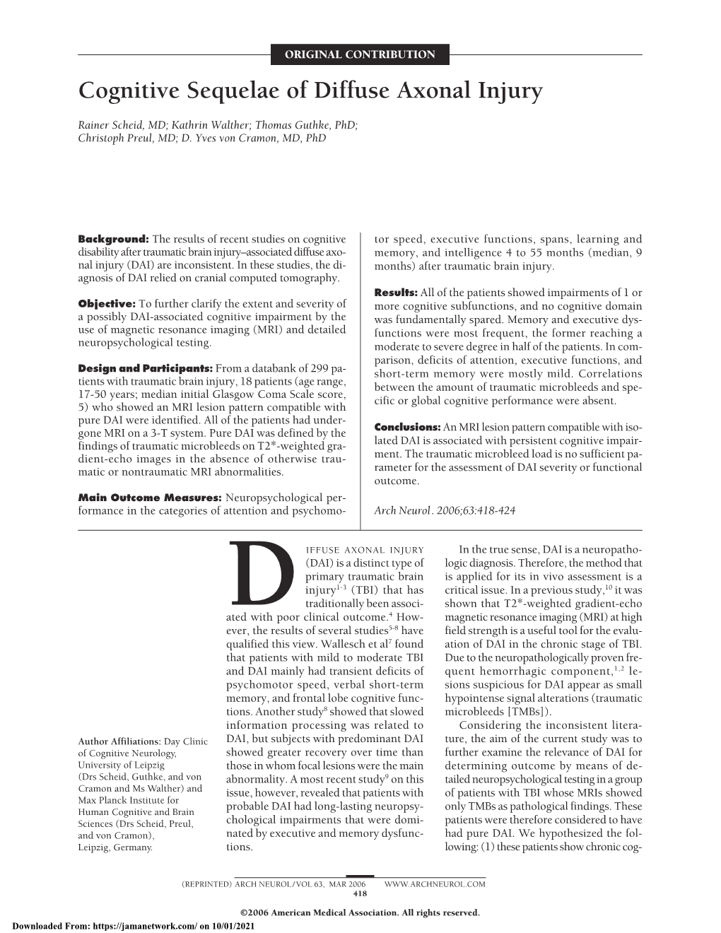 Cognitive Sequelae of Diffuse Axonal Injury