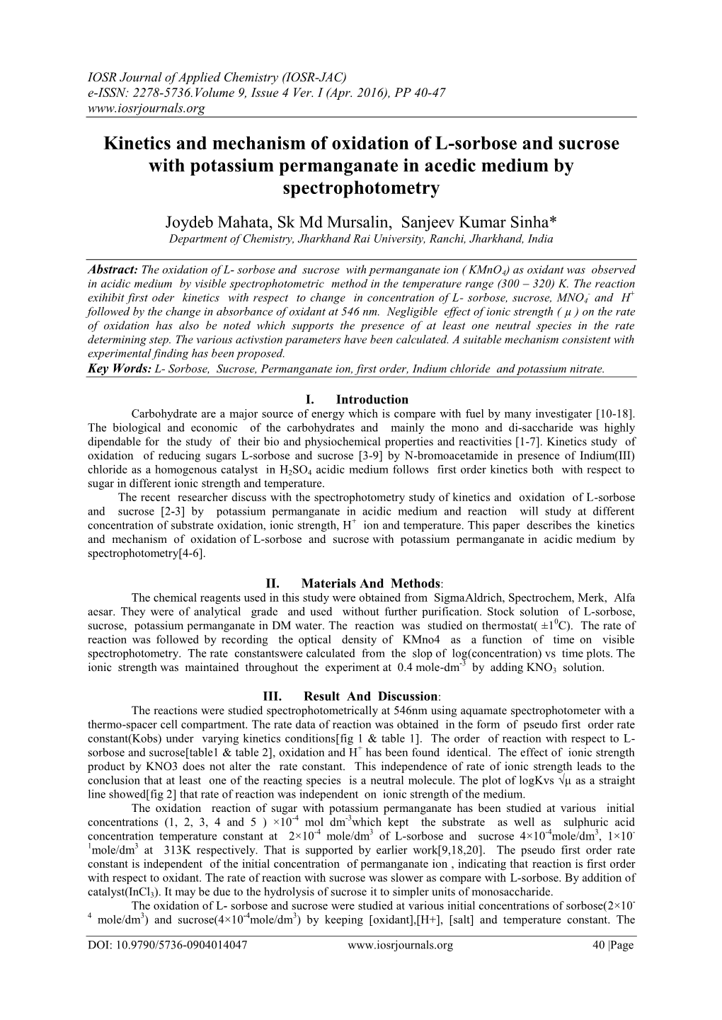 Kinetics and Mechanism of Oxidation of L-Sorbose and Sucrose with Potassium Permanganate in Acedic Medium by Spectrophotometry