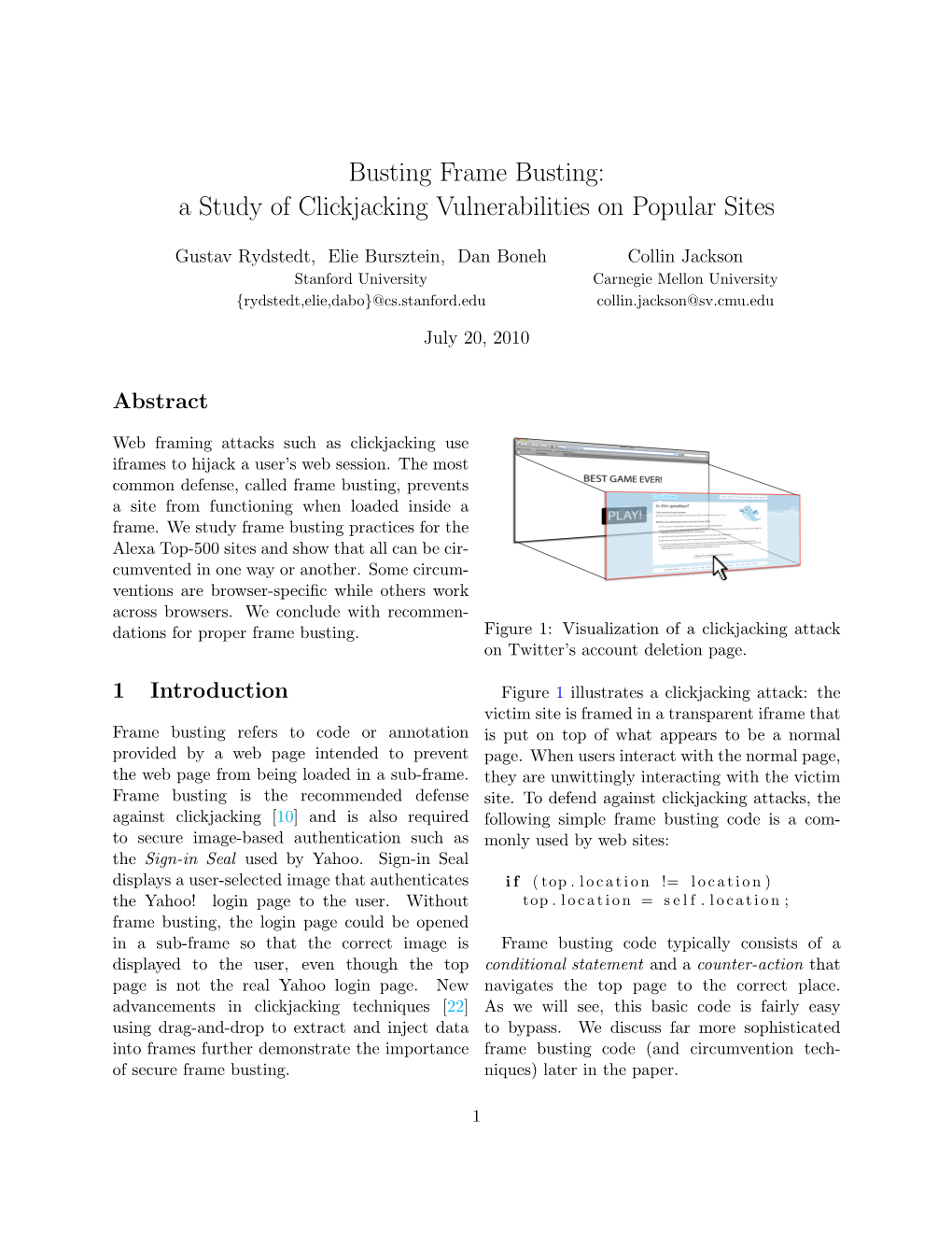 Busting Frame Busting: a Study of Clickjacking Vulnerabilities on Popular Sites