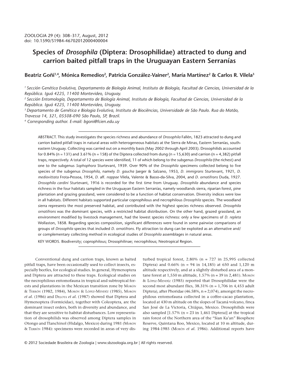 (Diptera: Drosophilidae) Attracted to Dung and Carrion Baited Pitfall Traps in the Uruguayan Eastern Serranías