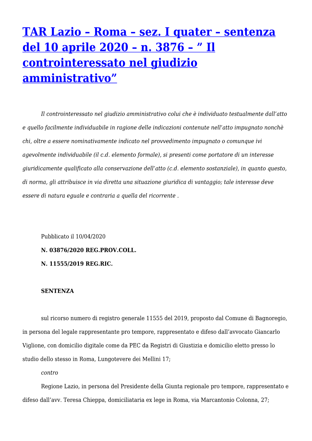 TAR Lazio – Roma – Sez. I Quater – Sentenza Del 10 Aprile 2020 – N